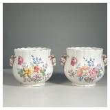 (2PC) PAIR PORCELAIN CACHE POTS | Hand painted with flowers and with Ramshead side handles, with ind
