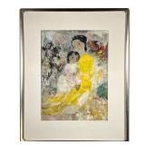 NGUYÊN CAO DÀM LITHOGRAPH | Mother and child, in a linen mat and with silver frame; signed in the pl
