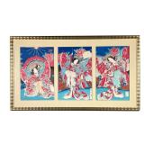 JAPANESE WOODBLOCK TRIPTYCH | Showing three geishas framed together; each panel approximately 9 x 14