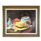 TABLETOP STILL LIFE | Hat, spoon, bottles, other vessels Oil on canvas No apparent signature. - w. 2