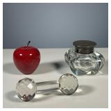 (3PC) ART GLASS | Including a glass knife rest; an art glass apple; and a crystal inkwell with Engli