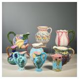 (9PC) MAJOLICA DECOR | Majolica pitchers / vases of varying sizes, with cabbage, acorn, flower & fru