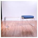 KAGAN STYLE LUCITE BENCH | Having a single seat with an upholstered cushion next to an extended low-