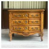 HENREDON COMMODE | Three drawer nightstand/side table with fancy carved decoration, each drawer with