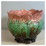 MAJOLICA PLANTER | Sculpted majolica pottery planter with scalloped edge, in pink, green, and purple