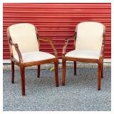 (2PC) PAIR SIDE CHAIRS | Wooden frame open armchairs with neutral textured upholstered seats and bac