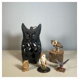 (5PC) OWL & BIRD DECOR | Including a cast metal hanging owl (h. 11 in.) and four owl / bird figures,