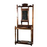 OAK HALL TREE | Having a small shelf in middle and bottom, inset mirror, with 6 hooks around the top