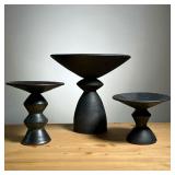 (3PC) ART POTTERY BLACK GLAZE | Handmade Art Pottery Black Glazed Compotes. - h. 9.5 x dia. 10 in (L