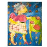 TEA LADY PAINTING | Mid-century, large painting, oil on canvas, showing a humanoid woman enjoying so