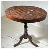 CHESSBOARD INLAID TABLE | Chessboard Pedestal Table with inlaid wood top. - l. 27 x w. 18.5 x h. 29 