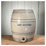 ICE WATER COOLER CROCK | Stoneware Crock stenciled "Ice Water", 3 gallon and marked with a 8 sided S
