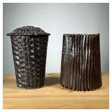 (2PC) TEXTURED POTTERY VASES | Brown textured vase and similar lidded jar. - h. 8.25 in (tallest)