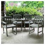 (4PC) OUTDOOR PATIO CHAIRS | Outdoor wood garden armchairs with gray finish. - l. 24 x w. 18.5 x h. 