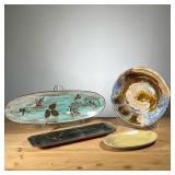 (4PC) MEG SMEAL POTTERY GROUP | Long trays / small platters and a round textured dish By Meg Smeal a