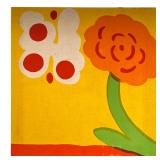 FLORAL FABRIC PRINT | Fabric silk screen of flower, stretched on wood frame. - l. 20 x w. 20 in