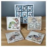 (5PC) ART POTTERY TILES | Including a cup & saucer tile stamped "MEXICO", (3) Bird tiles and (1) Meg