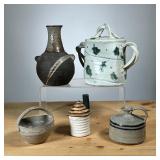 (5PC) MEG SMEAL POTTERY GROUP | Small table items / decorative objects, handmade glazed art pottery 