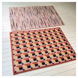 (2PC) VINTAGE HOOKED RUGS | (1) hooked block pattern rug; (1) rag rug with ribbon pattern. - l. 59 x