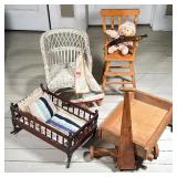 (7PC) VINTAGE TOY LOT | Including Early Doll Cradle (1 leg needs regluing), Doll