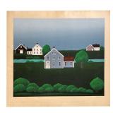 FOLK ART LITHOGRAPH | Lithograph of homes by a river; signed “T. Jeremeuh(?)”; embossed “LAMBIC-HMK”