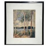 TREES WATERCOLOR | Watercolor of trees by the water; no apparent signature; framed and matted behind