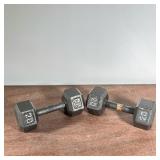 PAIR 20LB DUMBBELLS | A pair of 20-pound dumbbells. - l. 11 x w. 4.5 in (each)