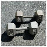 PAIR 30LB DUMBBELLS | Pair of 30-pound dumbbells. - l. 12 in