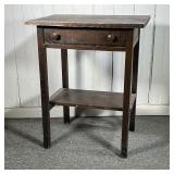 ONE DRAWER WORK STAND | Dark-worn finish. Drawer is dovetailed. - l. 24 x w. 17.75 x h. 29.5 in