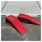 (2PC) CAR RAMP LIFTS | A set of red metal car lifts; collapsible. - l. 36 x w. 11 x h. 12 in (each l