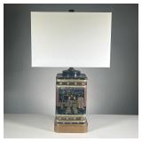 CHINESE TEA TIN LAMP | Tea tin depicting traditional Chinese life and dress. - l. 8 x w. 16 x h. 26.