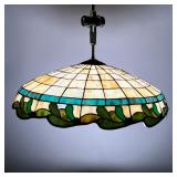 SLAG GLASS HANGING LAMP | Slag glass lampshade with green leafy border on the bottom. Fixture and ha
