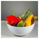 BOWL OF PAPIER MACHE FRUITS | Decorate painted paper mache fruits in a white milk glass mixing bowl.
