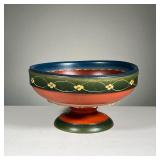 PAINTED WOODEN FRUIT BOWL | Pedestaled fruit bowl featuring floral painted designs and blue border. 