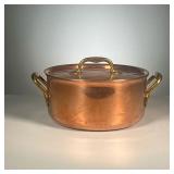 COPPER LIDDED POT | Probably French but with no apparent markings, copper cooking pot with brass han