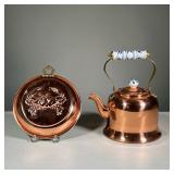 (2PC) REPRODUCTION COPPER TEAPOT & DECORATIVE BOWL | Features: copper tea kettle with ceramic white 