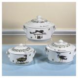 (3PC) D’AUTEUIL LIDDED DISHES | Lidded serving dishes of tapering size, smallest w. 7.5 in. - w. 10.