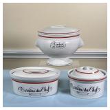 (3PC) D’AUTEUIL LIDDED BOWLS | French porcelain serving dishes including a pedestal soup terrine (wi
