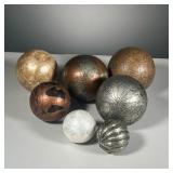 (8PC) RATTAN BASKET W/DECORATIVE ORBS | Distressed Rattan Basket with seven decorative orbs/spheres.