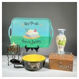 (5PC) DECORATIVE KITCHEN ITEMS | Including a Karen Miller Lake arrowhead, California painted casket 