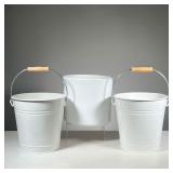 (3PC) PLANTER & BUCKETS | Including two chic “Trash Buckets” with white enamel and wood handles (h. 