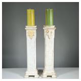 (2PC) PAIR PAINTED WOOD CANDLE STANDS | White painted with tall scented pillar votive candles. - l. 