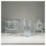 (3PC) GLASS VASE, BOWL, & TEAPOT | Features:large serving bowl with etched leaf design, cut glass fl