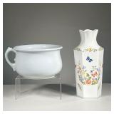 (2PC) ENGLISH BONE CHINA PIECES | Includes: Johnson Bros England grey ceramic chamber pot and Aynsle