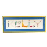 J. GREEN WATERCOLOR ILLUSTRATION | Clowns spelling “KELLY”. - w. 27.5 x h. 10 in (framed) 