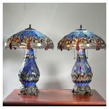 (2PC) DRAGONFLY LEADED GLASS LAMPS | Pair of leaded glass lamps with Dragonfly decoration. - h. 26 x