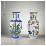 (2PC) HAND-PAINTED CHINESE VASES | Decorated with colorful floral patterns and scenes from China wit