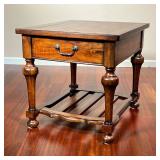 LILLIAN AUGUST INLAID SIDE TABLE | Dark wood end table with spindle legs, crosshatched inlaid top de