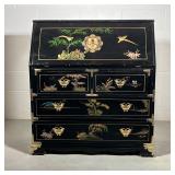 CHINESE CHINOISERIES DESK | Black Lacquer Drop Front Desk with gold Chinoiseries decoration. 2 over 