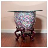 CHINESE GARDEN URN TABLE | Large Chinese jardiniere / planter with allover enamel floral decoration 